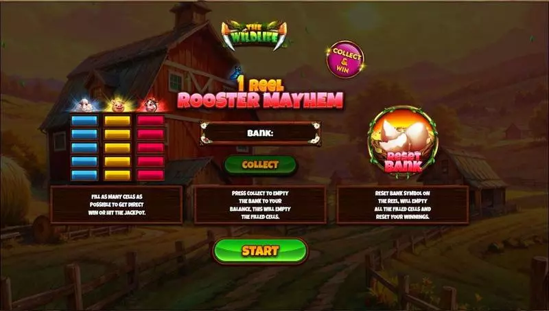 Introduction Screen - 1 Reel – Rooster Mayhem Spinomenal Slots Game