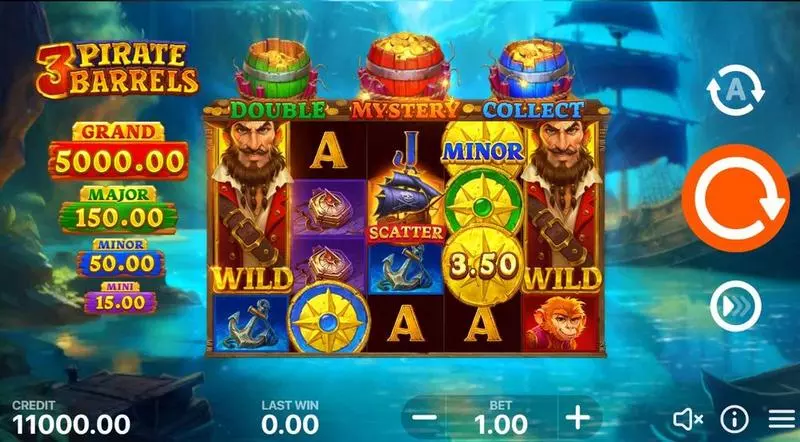 Main Screen Reels - 3 Pirate Barrels - Hold and Win Playson Slots Game