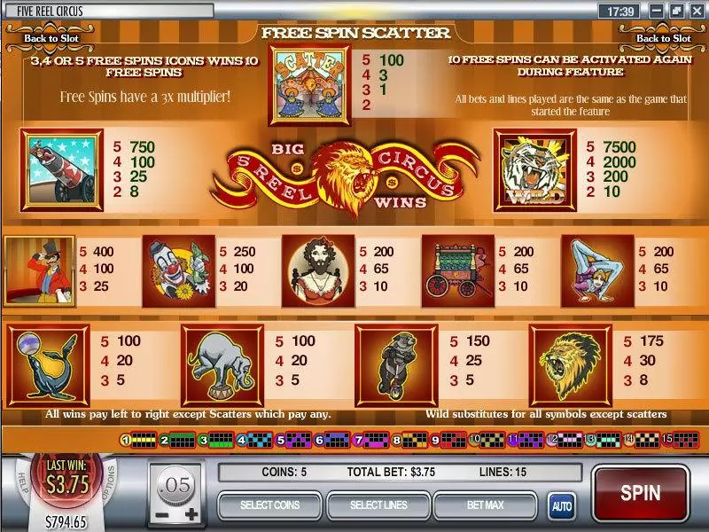 Info and Rules - 5 Reel Circus Rival Slots Game