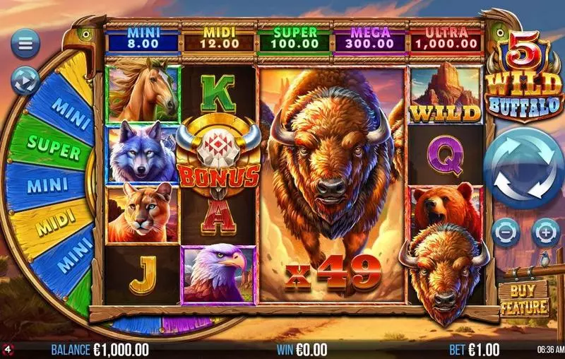 Main Screen Reels - 5 Wild Buffalo 4ThePlayer Slots Game