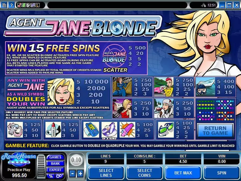 Info and Rules - Agent Jane Blonde Microgaming Slots Game