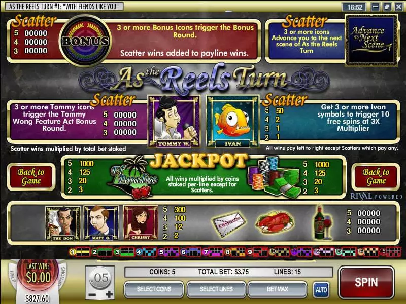 Info and Rules - As the Reels Turn 1 Rival Slots Game