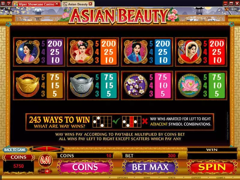 Info and Rules - Asian Beauty Microgaming Slots Game