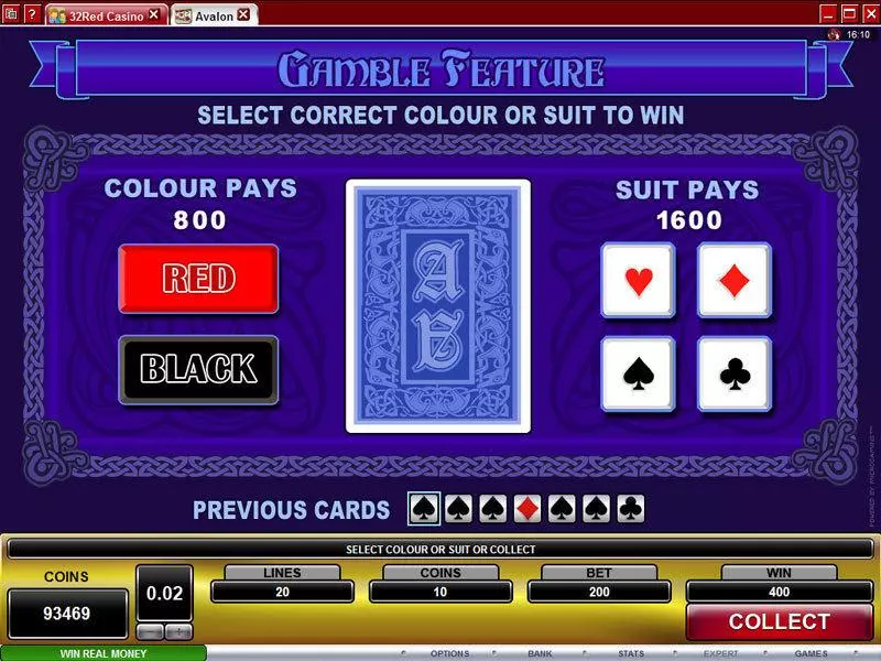 Gamble Screen - Avalon Microgaming Slots Game
