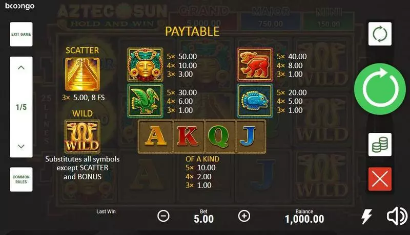 Paytable - Aztec Sun Booongo Slots Game