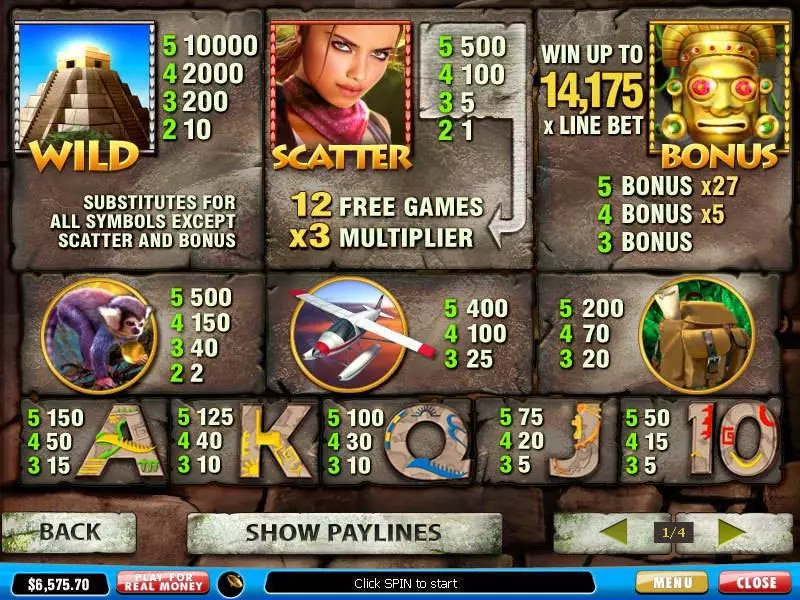 Info and Rules - Azteca PlayTech Slots Game