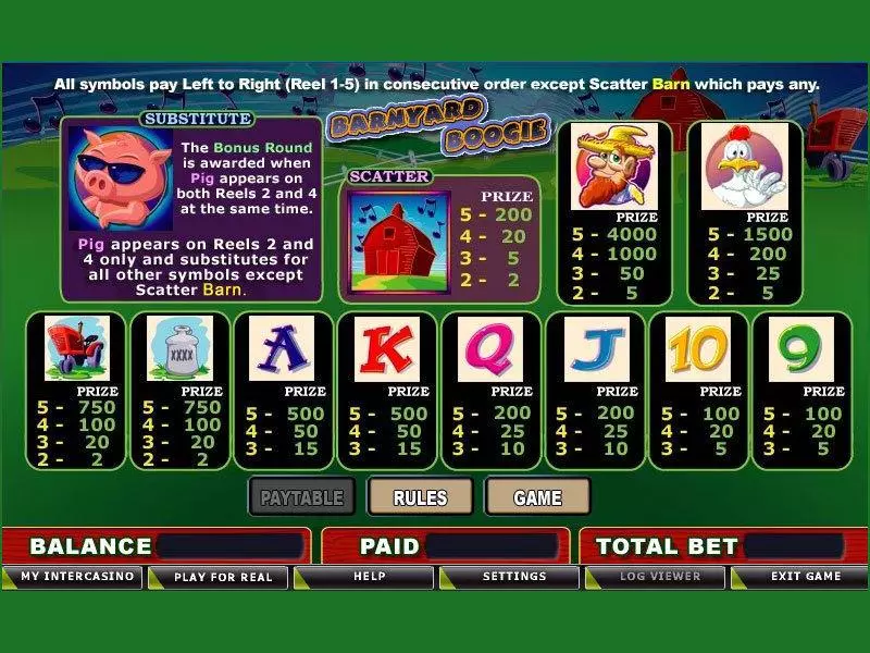 Info and Rules - Barnyard Boogie CryptoLogic Slots Game