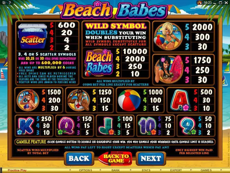 Info and Rules - Beach Babes Microgaming Slots Game