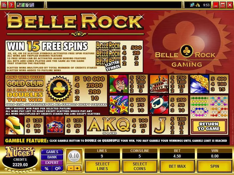 Info and Rules - Belle Rock Microgaming Slots Game