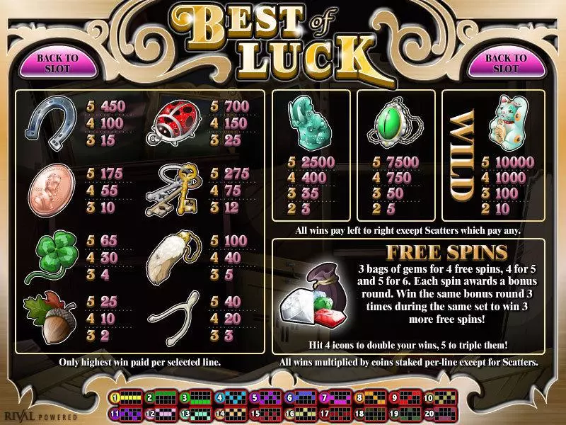 Info and Rules - Best of Luck Rival Slots Game