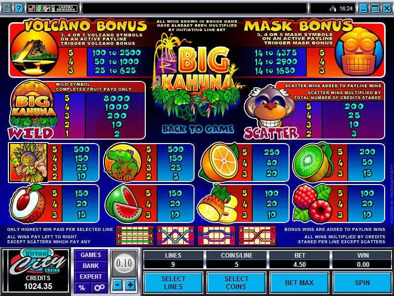 Info and Rules - Big Kahuna Microgaming Slots Game