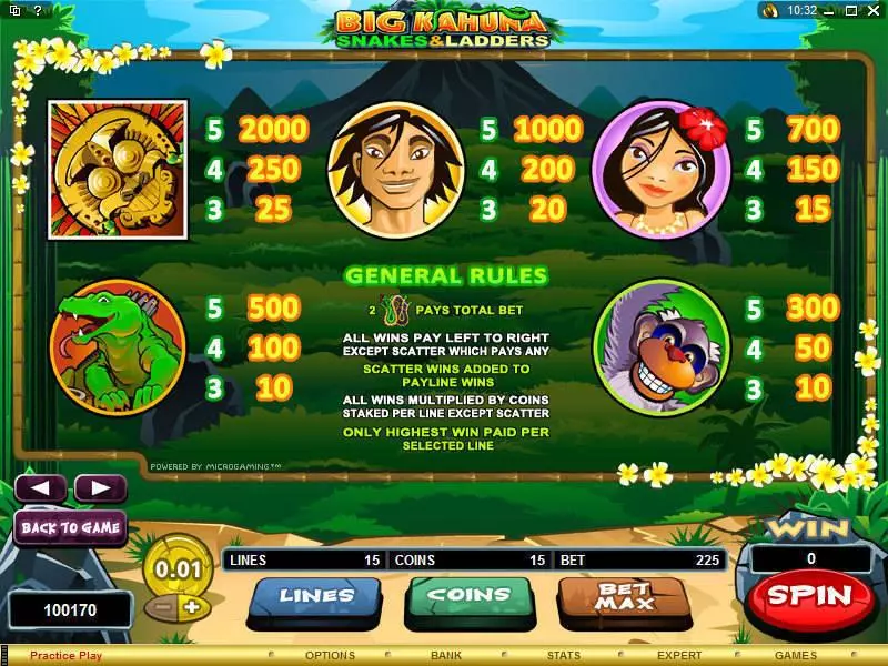 Info and Rules - Big Kahuna - Snakes and Ladders Microgaming Slots Game
