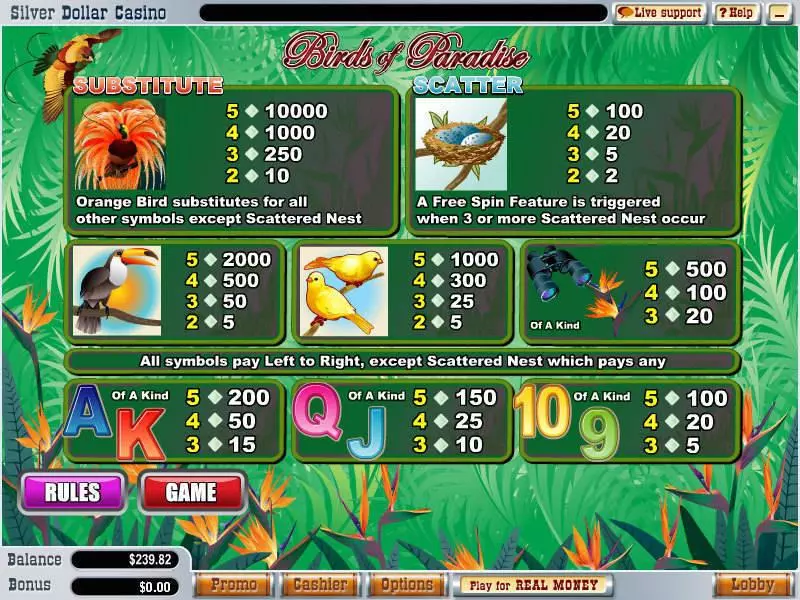 Info and Rules - Birds of Paradise WGS Technology Slots Game