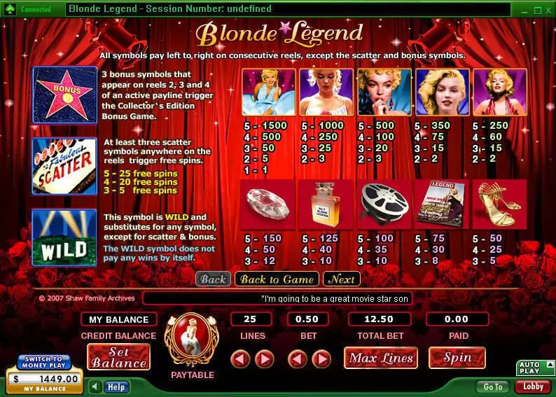 Info and Rules - Blonde Legend 888 Slots Game