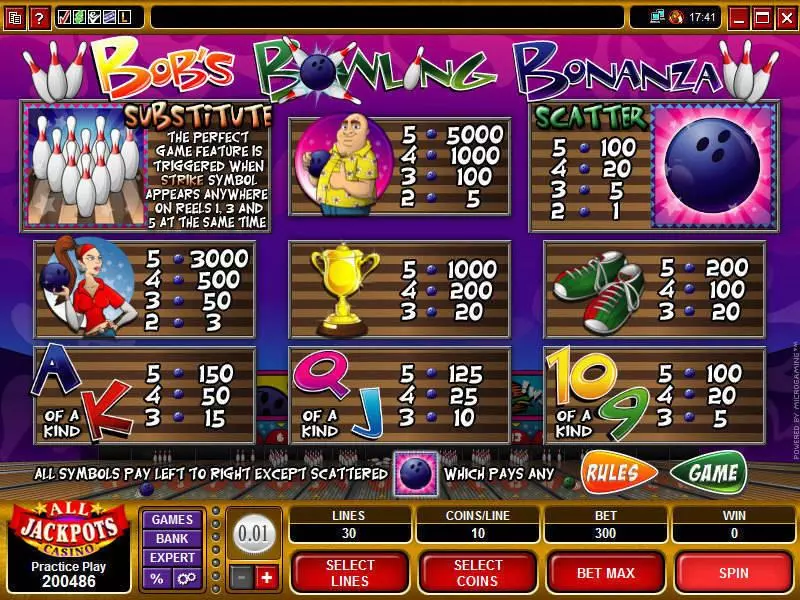 Info and Rules - Bob's Bowling Bonanza Microgaming Slots Game