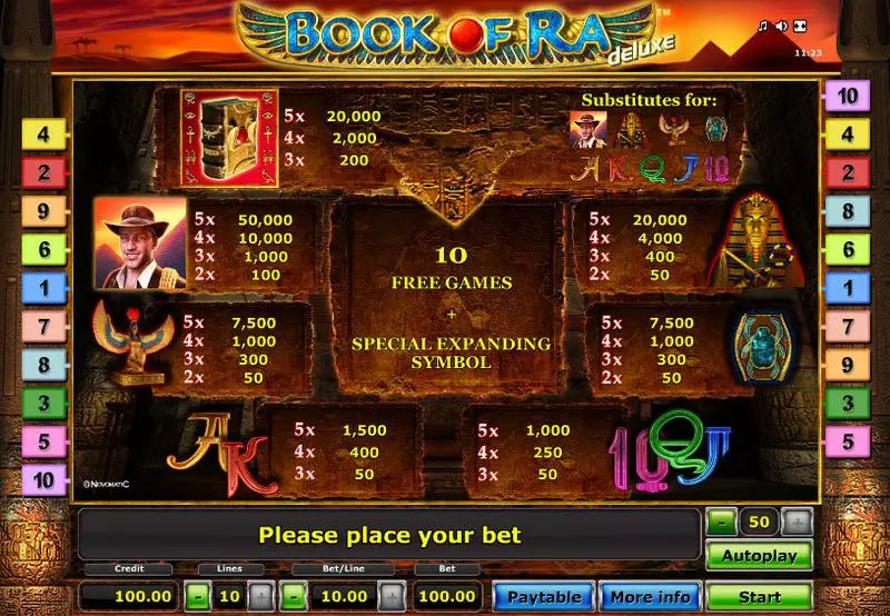 Info and Rules - Book of Ra - Deluxe Novomatic Slots Game