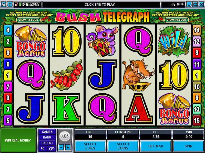 Main Screen Reels - Bush Telegraph Microgaming Slots Game