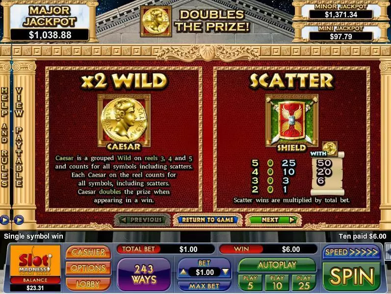 Info and Rules - Caesar's Treasure NuWorks Slots Game