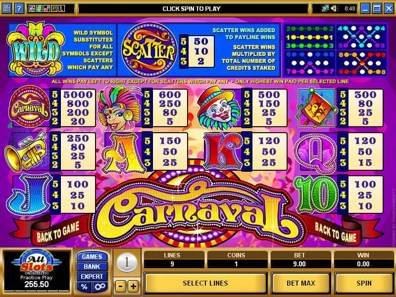 Info and Rules - Carnaval Microgaming Slots Game