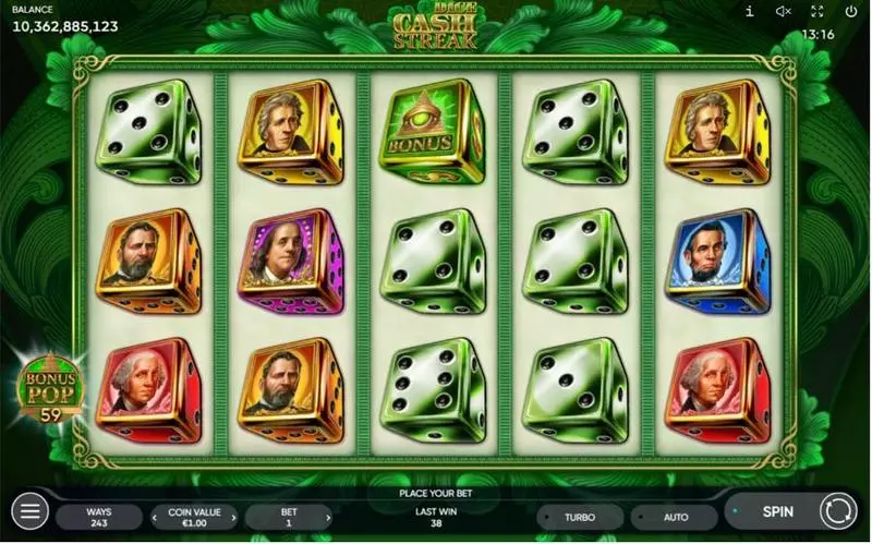 Main Screen Reels - Cash Streak Dice Endorphina Slots Game