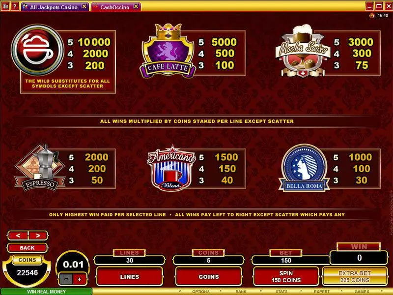 Info and Rules - CashOccino Microgaming Slots Game