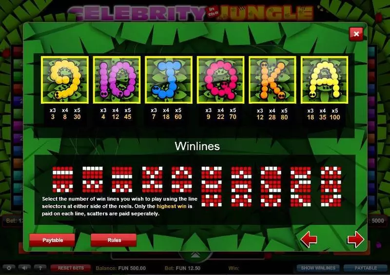 Paytable - Celebrity in the Jungle 1x2 Gaming Slots Game