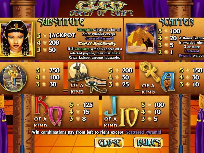 Info and Rules - Cleo Queen of Egypt CryptoLogic Slots Game