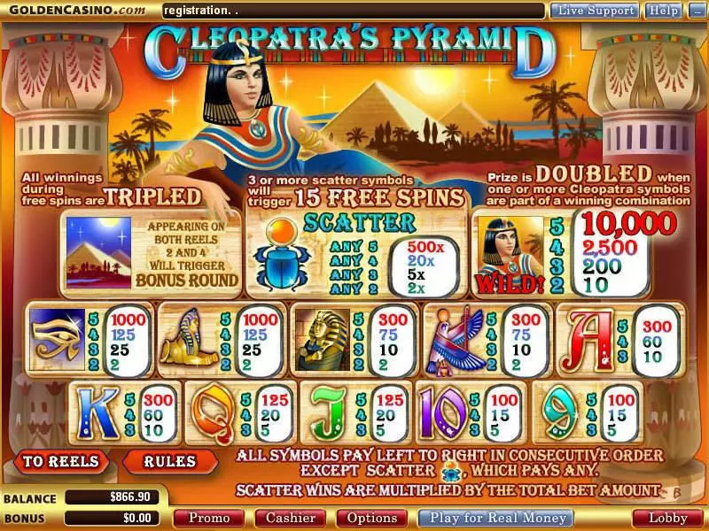 Info and Rules - Cleopatra's Pyramid WGS Technology Slots Game