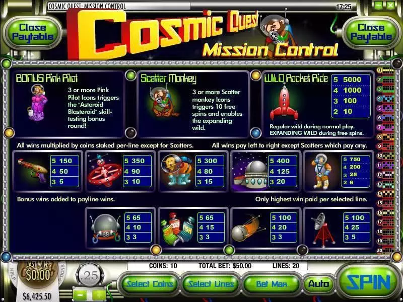 Info and Rules - Cosmic Quest Episode One Rival Slots Game