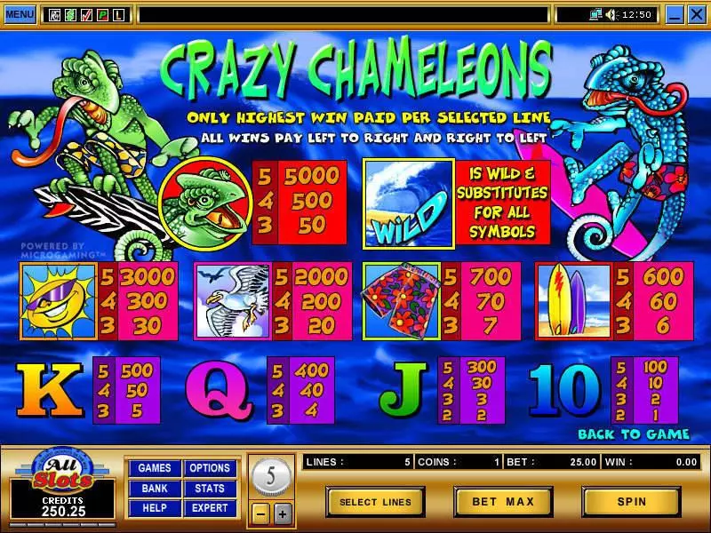 Info and Rules - Crazy Chameleons Microgaming Slots Game