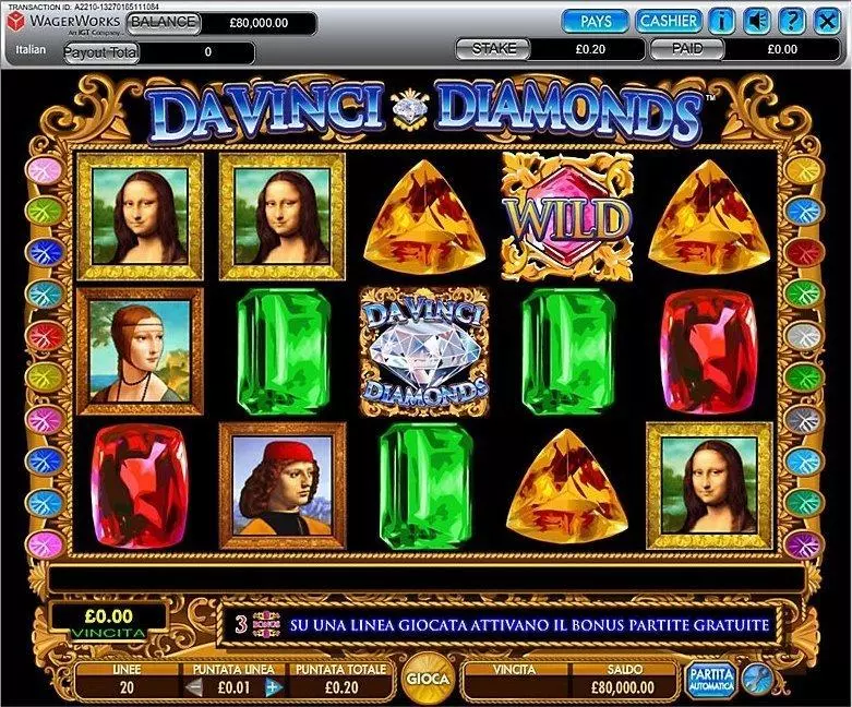 Introduction Screen - Da Vinci Diamonds IGT Slots Game