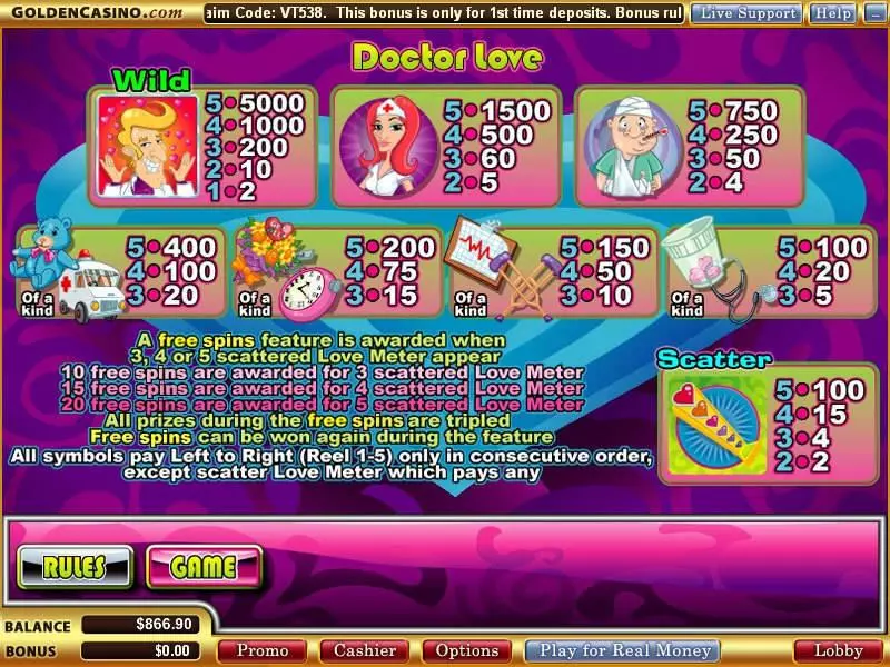 Info and Rules - Doctor Love WGS Technology Slots Game