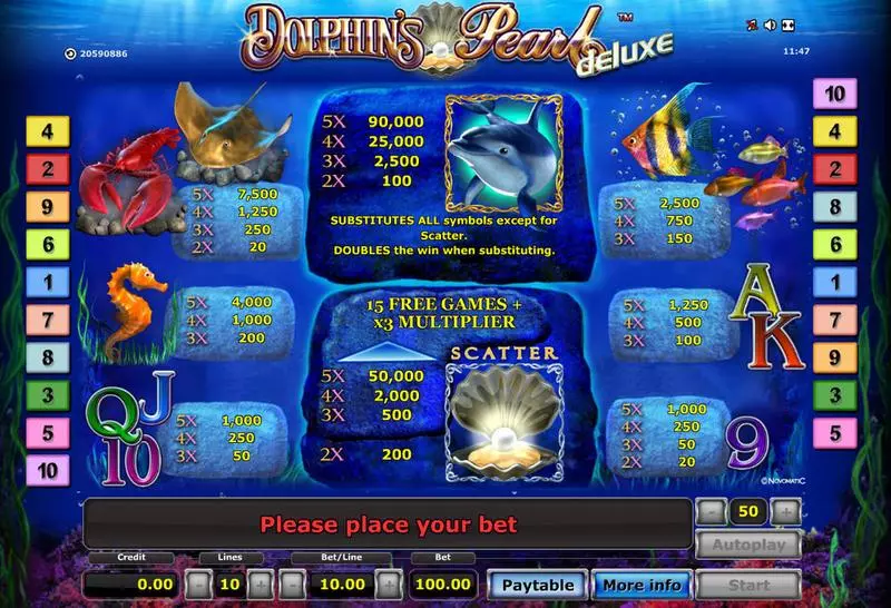 Info and Rules - Dolphin's Pearl - Deluxe Novomatic Slots Game