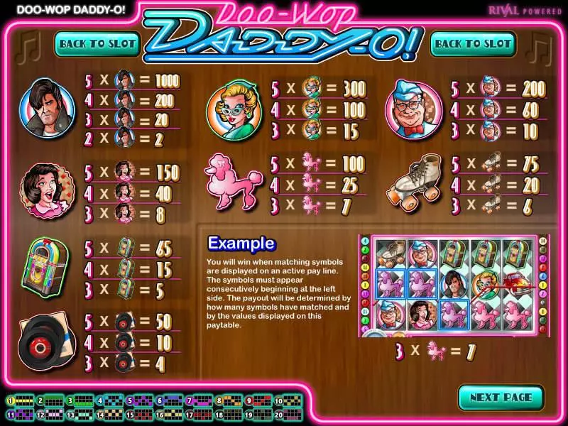 Info and Rules - Doo-wop Daddy-O Rival Slots Game