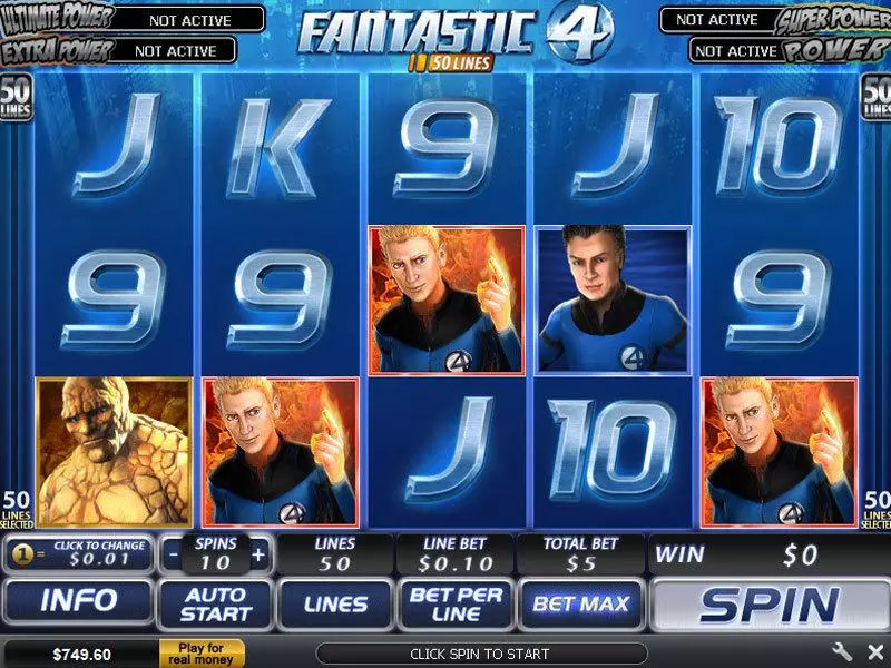 Main Screen Reels - Fantastic Four 50 Line PlayTech Slots Game