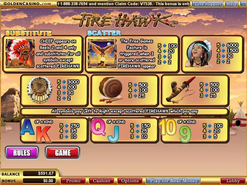 Info and Rules - Fire Hawk WGS Technology Slots Game