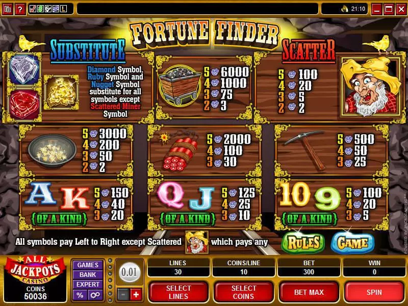 Info and Rules - Fortune Finder Microgaming Slots Game