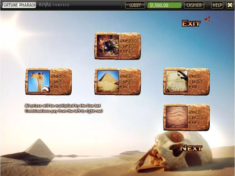 Info and Rules - Fortune of the Pharaos Sheriff Gaming Slots Game