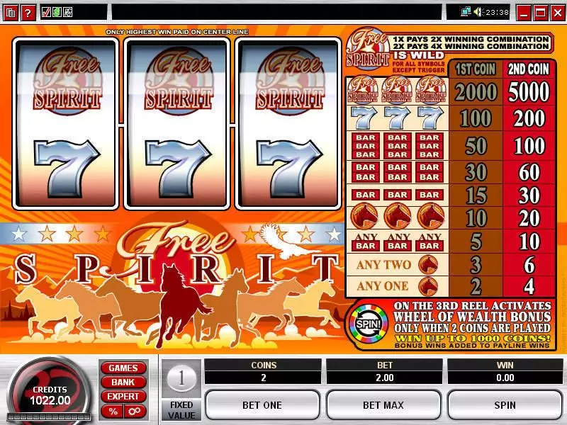Main Screen Reels - Free Spirit  Wheel of Wealth Microgaming Slots Game