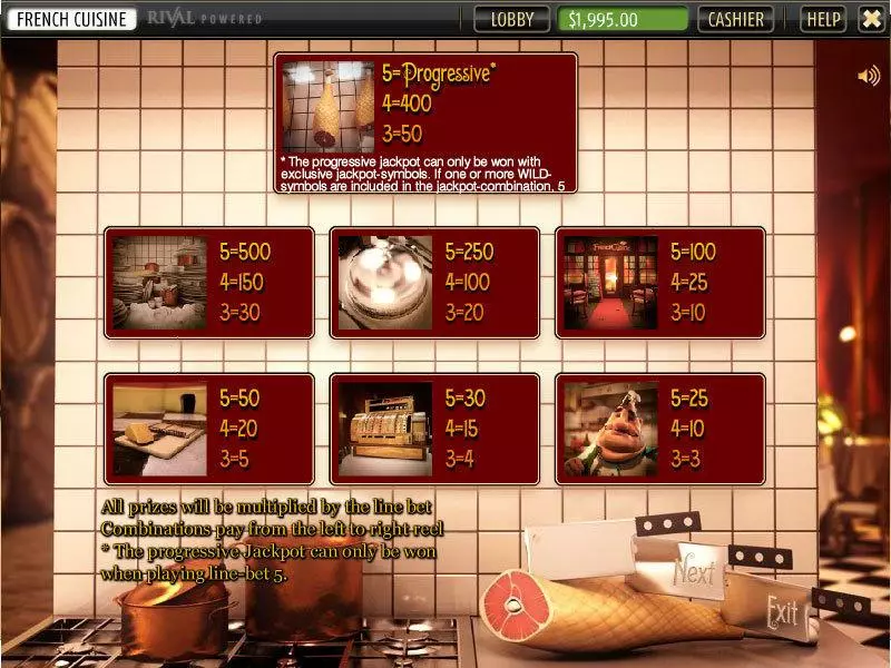 Info and Rules - French Cuisine Sheriff Gaming Slots Game