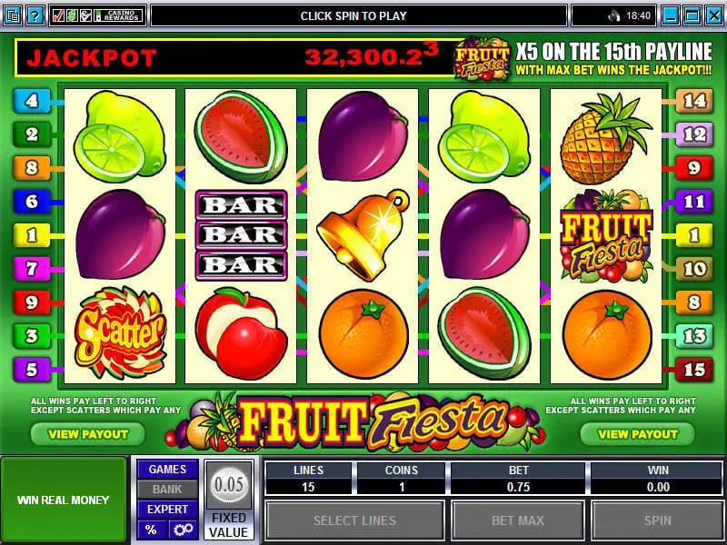 Main Screen Reels - Fruit Fiesta 5-Reels Microgaming Slots Game
