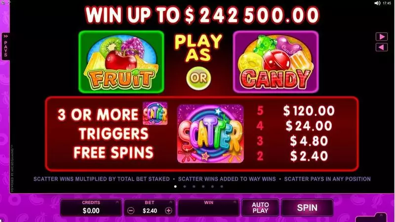 Info and Rules - Fruits vs Candy Microgaming Slots Game