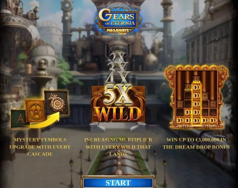 Introduction Screen - Gears of Eternia Four Leaf Gaming Slots Game