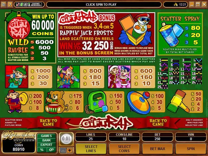 Info and Rules - Gift Rap Microgaming Slots Game