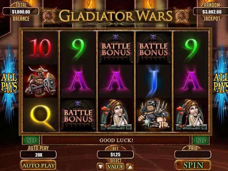 Main Screen Reels - Gladiator Wars RTG Slots Game