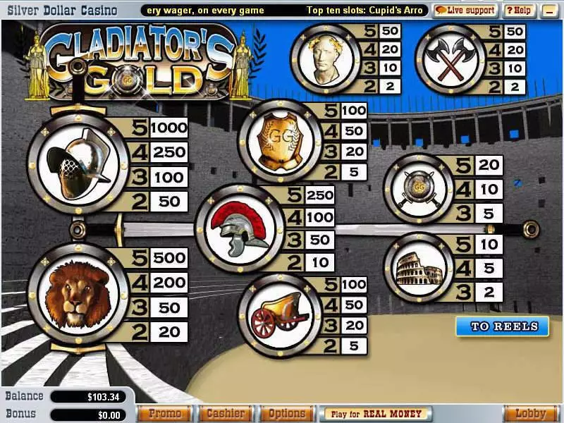 Info and Rules - Gladiator's Gold WGS Technology Slots Game