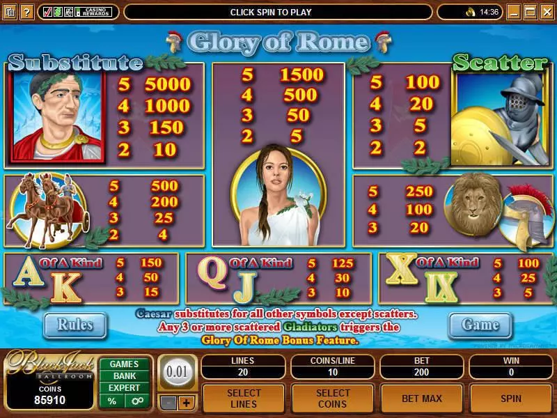 Info and Rules - Glory of Rome Microgaming Slots Game