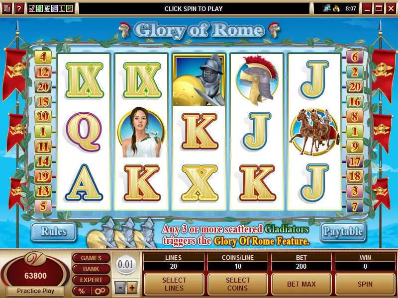 Main Screen Reels - Glory of Rome Microgaming Slots Game