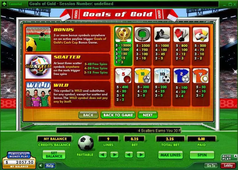 Info and Rules - Goals of Gold 888 Slots Game