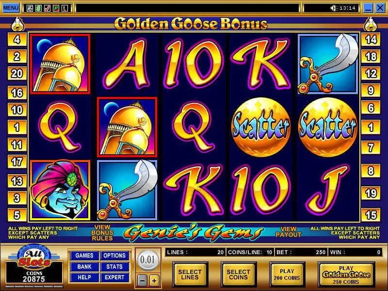 Main Screen Reels - Golden Goose - Genie's Gems Microgaming Slots Game